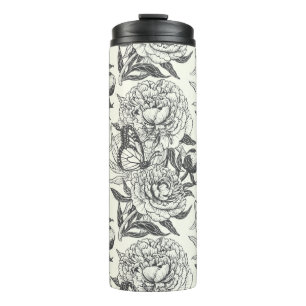 Bouteilles Isothermes Peonies et papillons bloquent l'impression, noir e