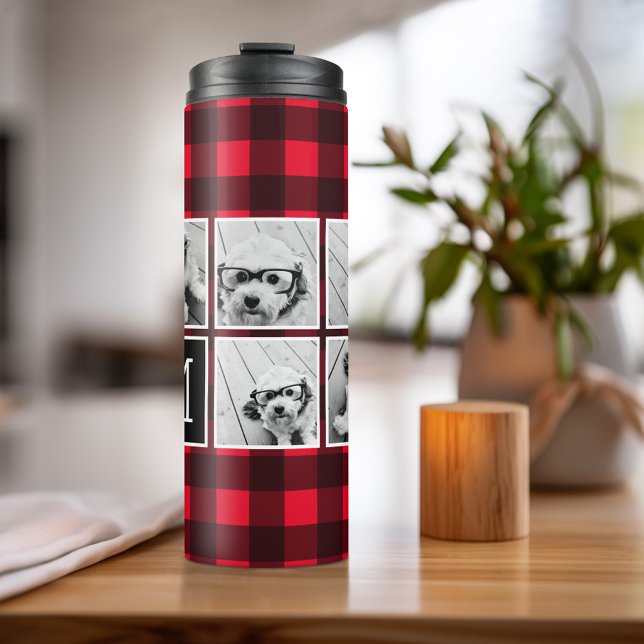 Bouteilles Isothermes Photo Collage - Monogramme Rouge Buffle Noir Plaid (Personalized Thermal Tumbler - Add Photos, Text - Customize Completely in the Advanced Design Area)