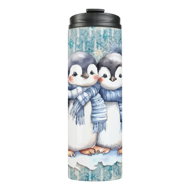 Bouteilles Isothermes Pingouins D'Aquarelle Bleu D'Hiver Avec Écharpes (Devant)