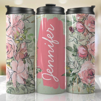 Bouteilles Isothermes Pink Sage Green Floral Ajouter un nom Cadeau perso