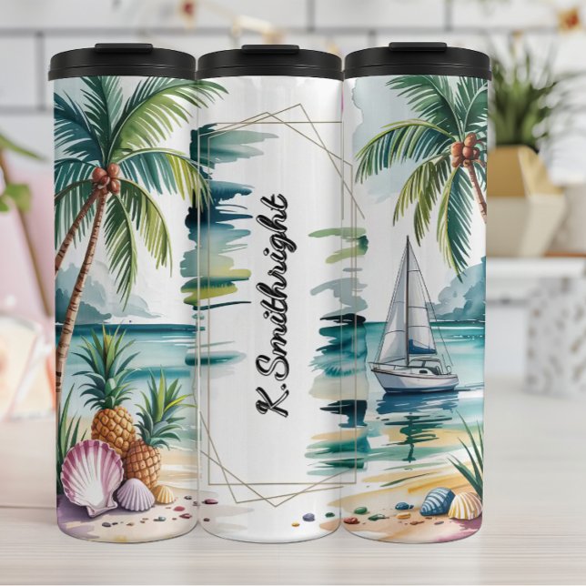 Bouteilles Isothermes Plage avec Sailboat et Palms (Créateur téléchargé)