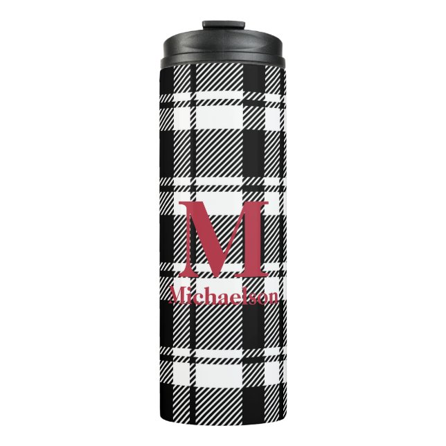 Bouteilles Isothermes Plaid noir et blanc avec nom de monogramme (Devant)
