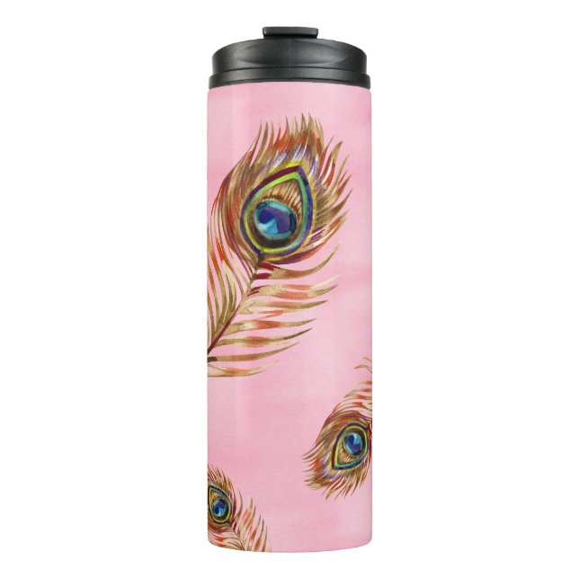 Bouteilles Isothermes Plumes de paon or, motif aquarelle sans couture (Devant)