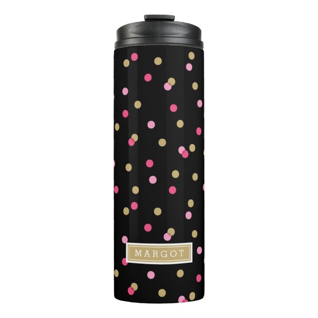 Bouteilles Isothermes Points Confetti Noir Rose et Or Monogramme (Devant)