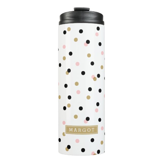 Bouteilles Isothermes Points Confetti Noir Rose et Or Monogramme (Devant)