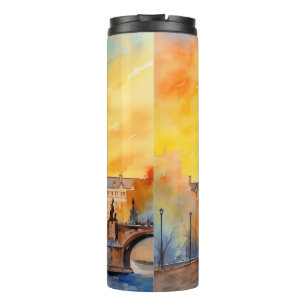 Bouteilles Isothermes Pont Charles de Prague Coucher de soleil Aquarelle
