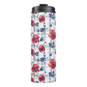 Bouteilles Isothermes Poppies rouges avec Feuilles bleus sur À damiers b