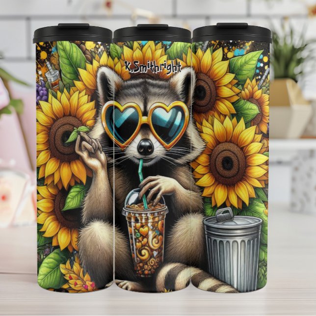 Bouteilles Isothermes Raccoon cool avec café glacé et tournesols (Créateur téléchargé)