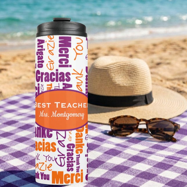 Bouteilles Isothermes Remerciement multilingue pour l'appréciation des e (Multilingual thank you word cloud in purple and orange with two sized template text.)