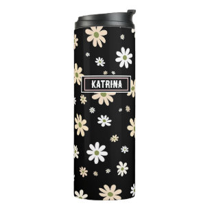 Bouteilles Isothermes Retro Daisy Floral Pattern Boho Personnalisé Noir