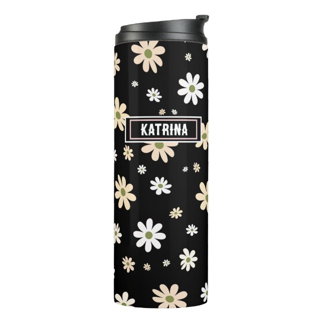 Bouteilles Isothermes Retro Daisy Floral Pattern Boho Personnalisé Noir (Tourné sur la gauche)