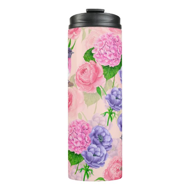 Bouteilles Isothermes Robin et fleurs, motif aquarelle (Devant)