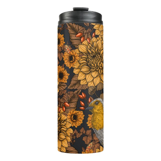 Bouteilles Isothermes Robins dans le jardin d'automne sur noir (Devant)
