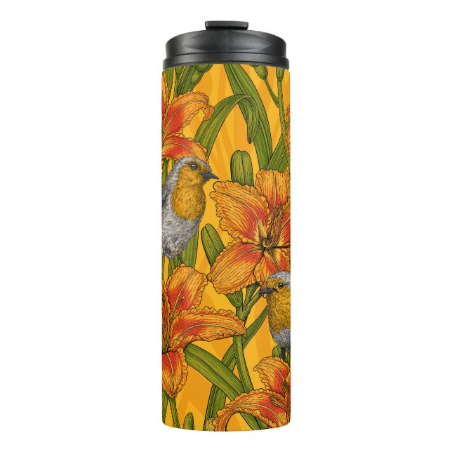 Bouteilles Isothermes Robins et fleurs de lys, orange et vert (Devant)