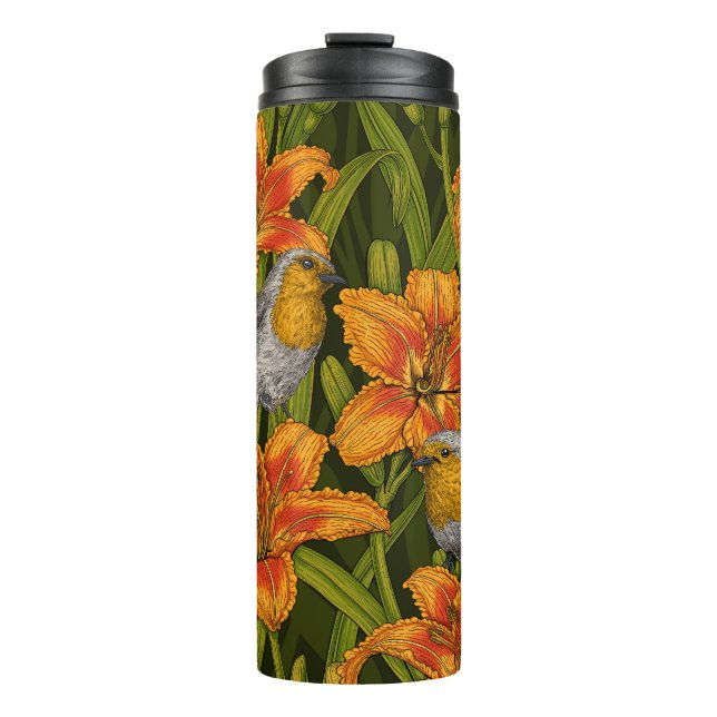 Bouteilles Isothermes Robins et fleurs de lys, orange et vert foncé (Devant)