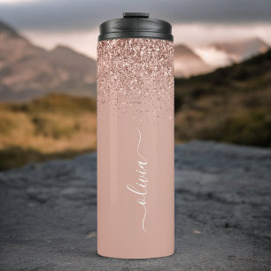 Bouteilles Isothermes Rose Gold Blush Pink Paillettes Monogramme Nom Fém