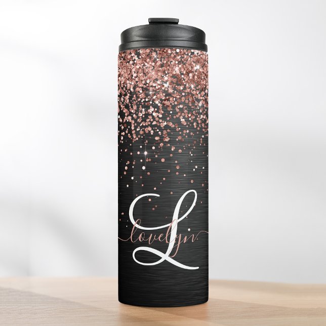 Bouteilles Isothermes Rose personnalisé Parties scintillant or noir Étin (Add some glam to your drink with this custom rose gold glitter tumbler. It’s the perfect accessory.)