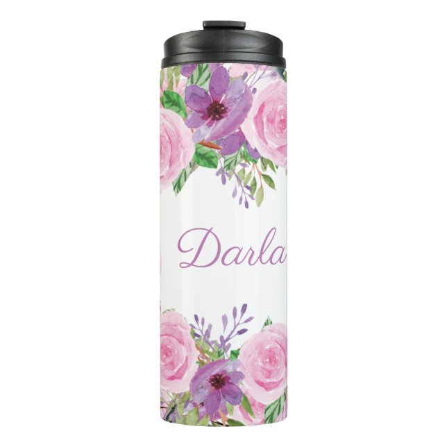 Bouteilles Isothermes Rose violet moderne Aquarelle Floral Personnalisé  (Devant)