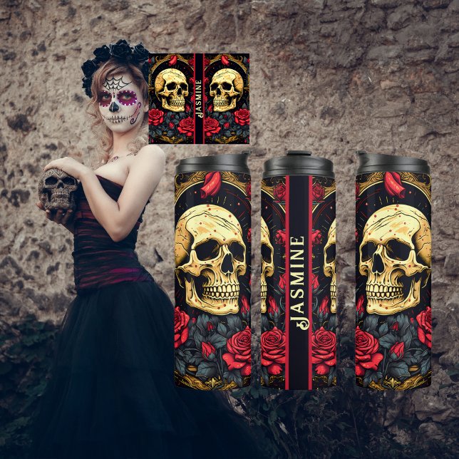 Bouteilles Isothermes Roses rouges crâne gothique Halloween Yoga (Gothic Tattoo Designed Skull and Roses Halloween Thermal Tumbler. )
