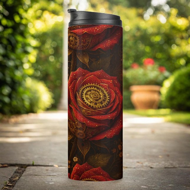 Bouteilles Isothermes Roses Steampunk Luxueuses Engrenages Dorés Romanti (Créateur téléchargé)