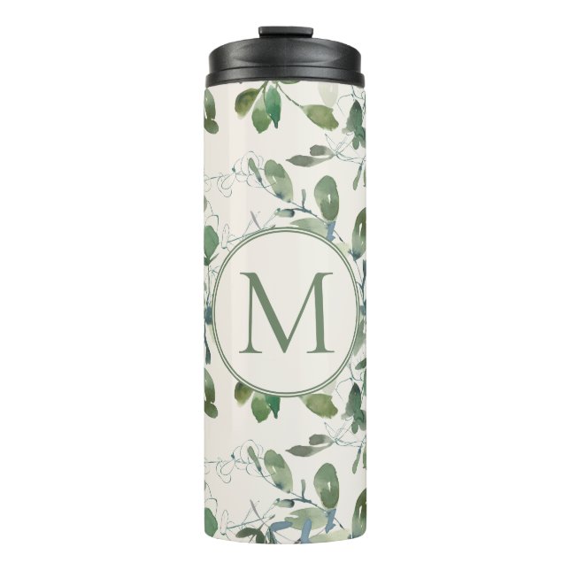 Bouteilles Isothermes Sage Green Eucalyptus Feuilles sur Monogramme de c (Devant)