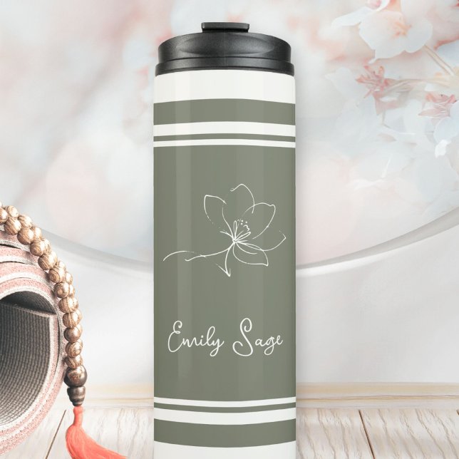 Bouteilles Isothermes Sage Green Ivory Floral Line Art Striped (Minimalist Floral Line Art Zen Sage Green Ivory Thermal Tumbler ©Susanne Sachers - Sunny Wanderlust )