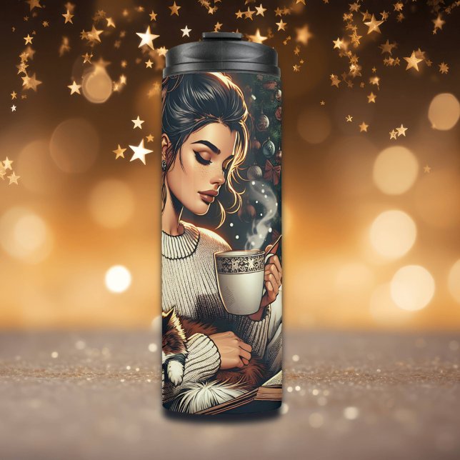 Bouteilles Isothermes Scène cosy | Femme qui boit du cacao avec chat (Créateur téléchargé)