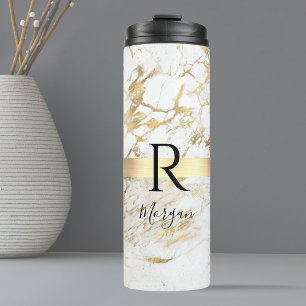 Bouteilles Isothermes Script de nom DIY & monogramme noir, marbre blanc/