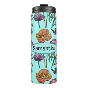 Bouteilles Isothermes Shabby Poppy Red Purple sur Aqua Nom personnalisab