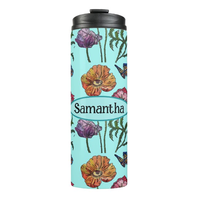Bouteilles Isothermes Shabby Poppy Red Purple sur Aqua Nom personnalisab (Devant)