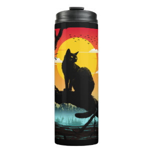 Bouteilles Isothermes Silhouette de chat et d'arbre au coucher du soleil