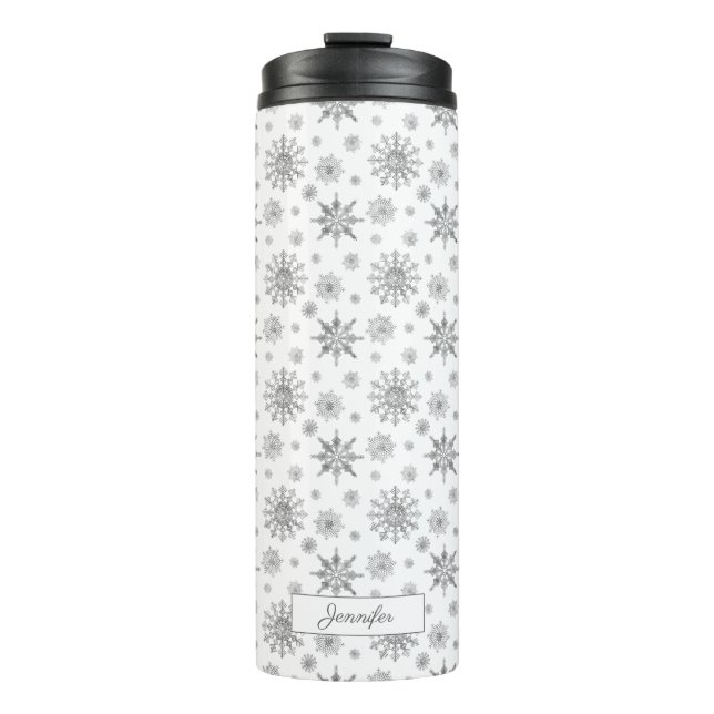 Bouteilles Isothermes Silver Grey Snowflakes Motif et Nom personnalisé (Devant)