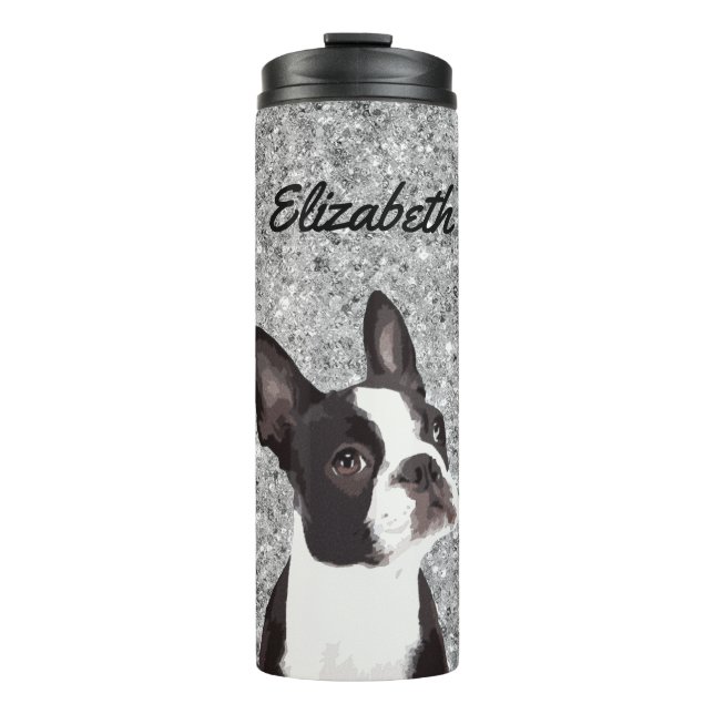 Bouteilles Isothermes Silver Sparkle Boston Terrier Chien Nom animal (Devant)