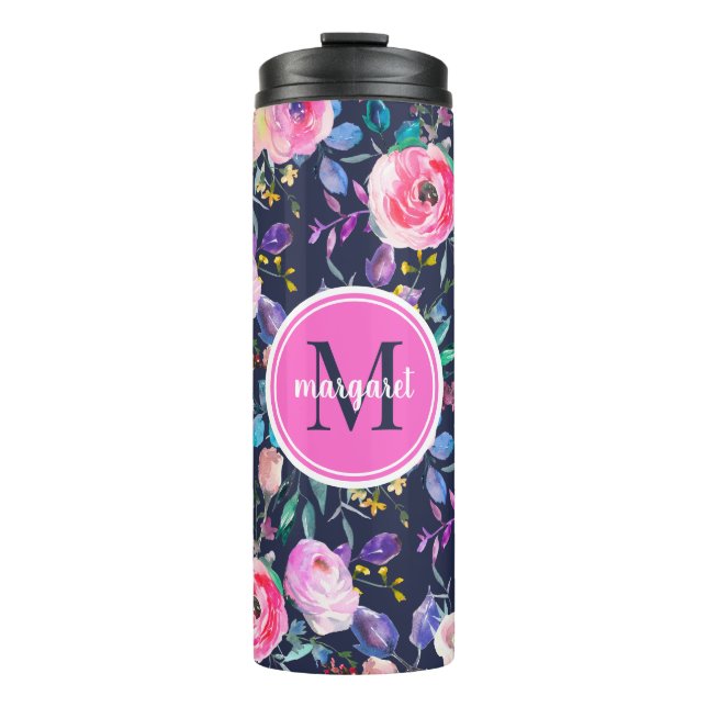 Bouteilles Isothermes Soleil Boho Floral rose et Monogramme de marine (Devant)