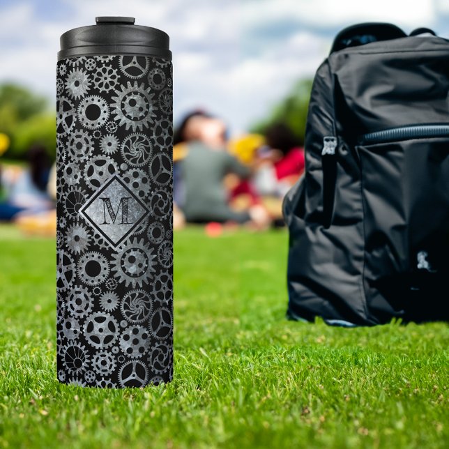 Bouteilles Isothermes Steampunk Argent Zinc engrenages Personnalisé Mono (Créateur téléchargé)