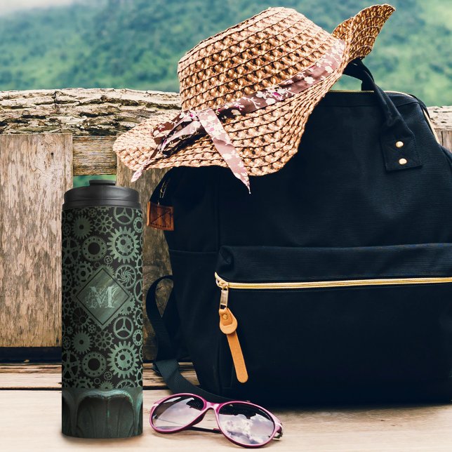 Bouteilles Isothermes Steampunk Verdigris bronze engrenages Monogramme p (Créateur téléchargé)