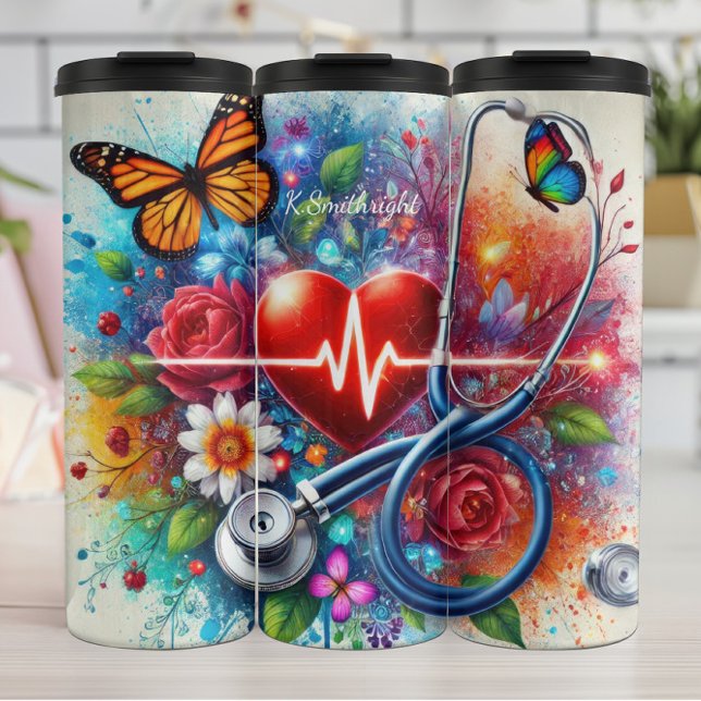 Bouteilles Isothermes Stéthoscope Cœur Papillon Coloré Infirmière (Créateur téléchargé)