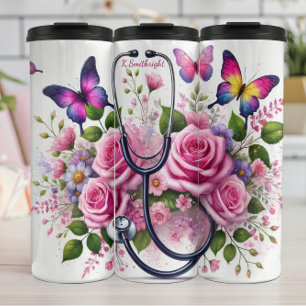 Bouteilles Isothermes Stéthoscope Roses Papillons Élégante Infirmière