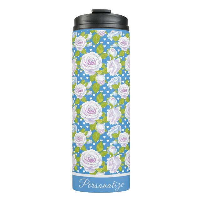 Bouteilles Isothermes Style Tendance Rose Blanche Floral Bleu (Devant)