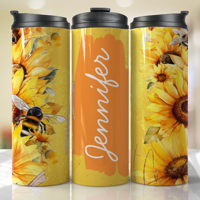Bouteilles Isothermes Sunflower Bee Ajouter un nom Cadeau personnalisé (Floral Personalized Tumbler)