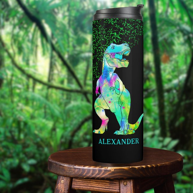 Bouteilles Isothermes T-Rex Ajouter un nom de dinosaure (Colorful T-Rex dinosaur custom name thermal tumbler with Jurassic jungle foliage )