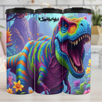 T-Rex rayé arc-en-ciel rugissant dans la jungle