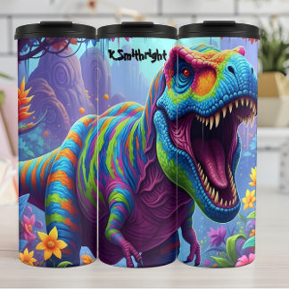 Bouteilles Isothermes T-Rex rayé arc-en-ciel rugissant dans la jungle