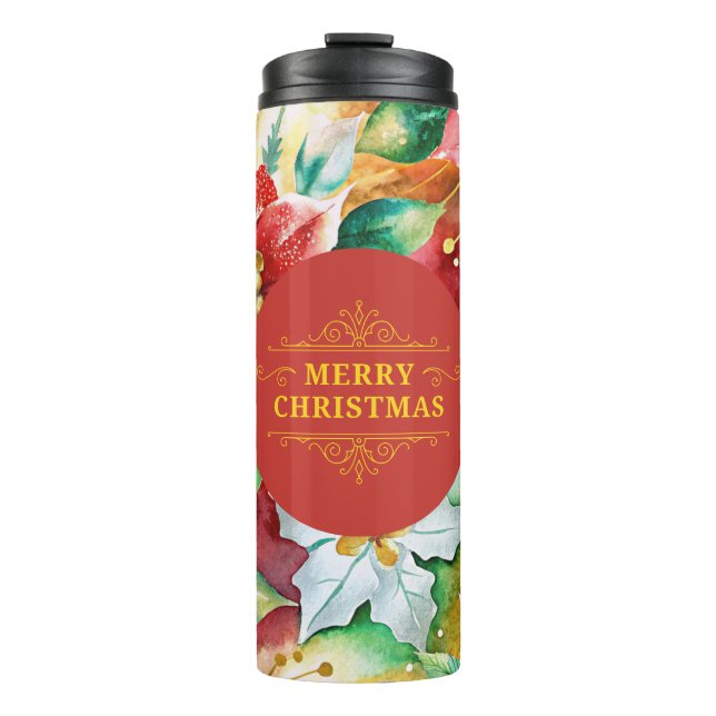 Bouteilles Isothermes Tasse élégante rouge et or à fleurs de Noël (Devant)