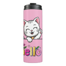 Tasse Thermique Rose Bonjour Chat Mignon qui Agite