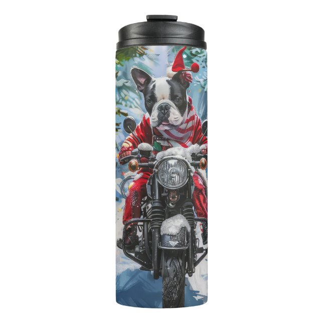 Bouteilles Isothermes Tchiens de Boston Terrier à moto Noël (Devant)
