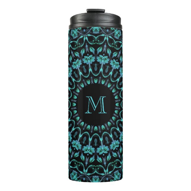 Bouteilles Isothermes Teal Floral Mandala Monogram (Devant)