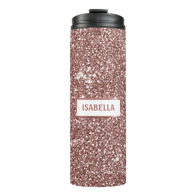 Bouteilles Isothermes Texture de paillettes en or rose faux et nom perso (Devant)