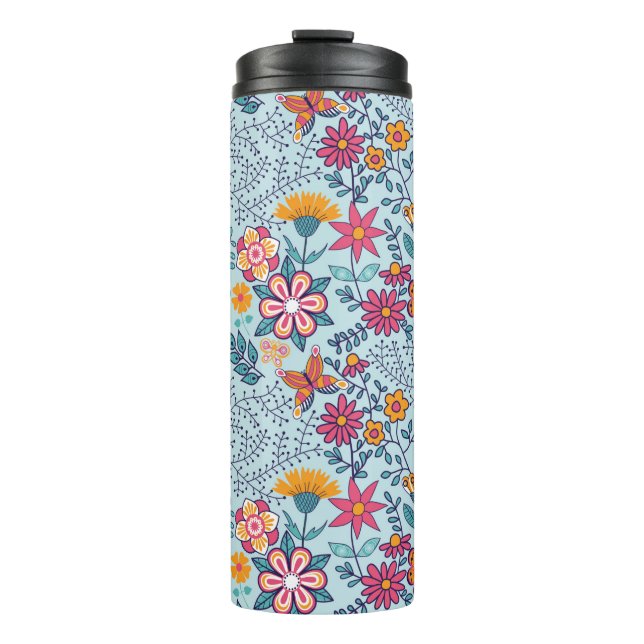 Bouteilles Isothermes Texture transparente avec fleurs et papillons. Fin (Devant)