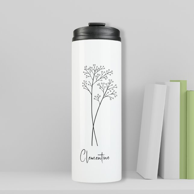 Bouteilles Isothermes Tige de fleur, typographie script noir (Personalized thermal tumbler travel bottle with flower illustration and script typography )